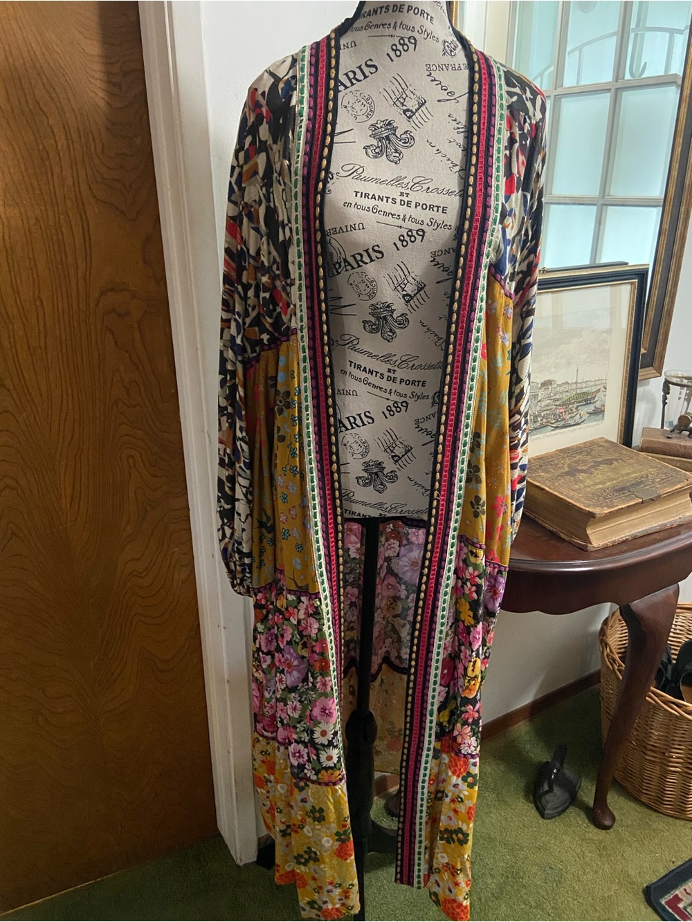 Anthropologie Multicolor Floral Patchwork Kimono- Yellow, Pink, Black